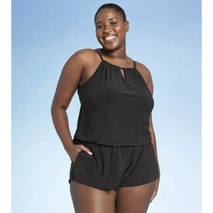 26W Black Aqua Green Romper High Neck with Pockets Casual One Piece Swimwear